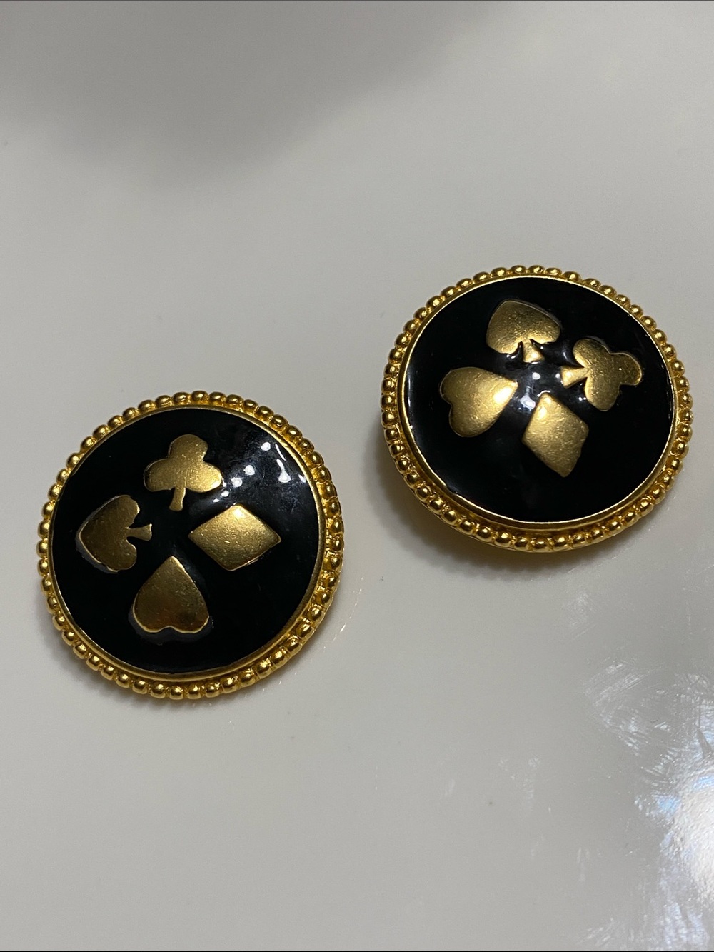 Trifari Black and Gold Playing Card Motif Round Button Earrings
